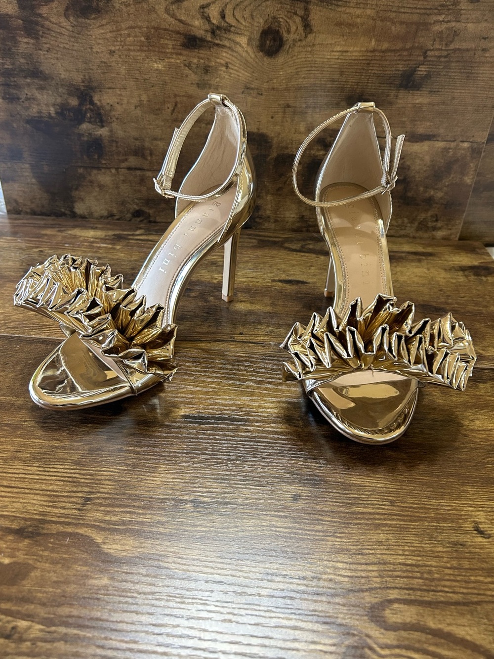 Gianni Bini Metallic Gold Ruffle Ankle-Strap Stiletto Sandals
